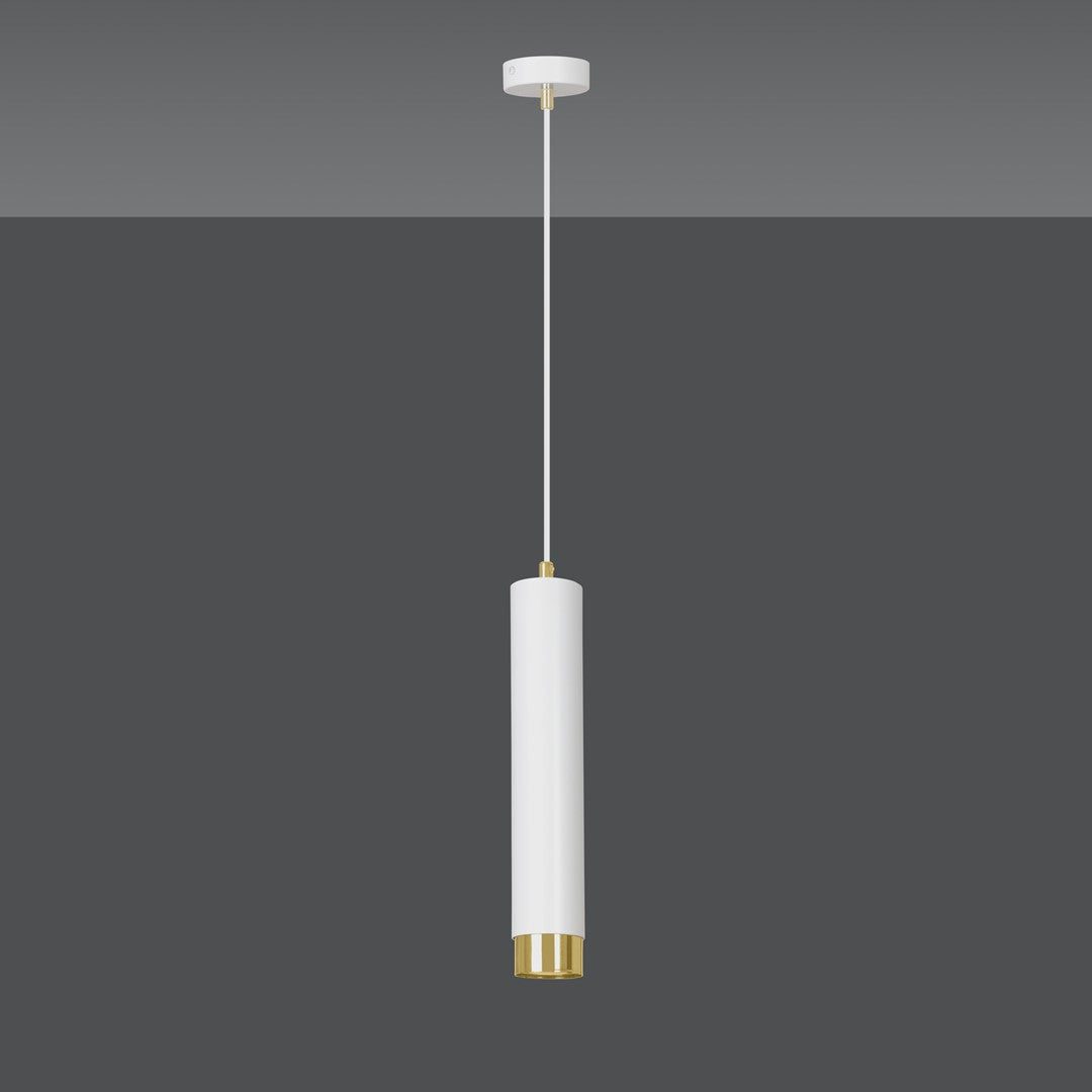 Lampa suspendata alba cu accente aurii in forma de tub Kibo