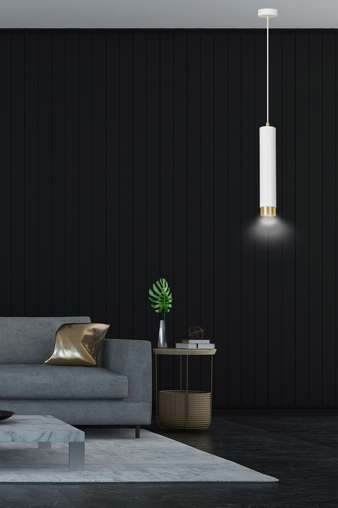 Lampa suspendata alba cu accente aurii in forma de tub Kibo