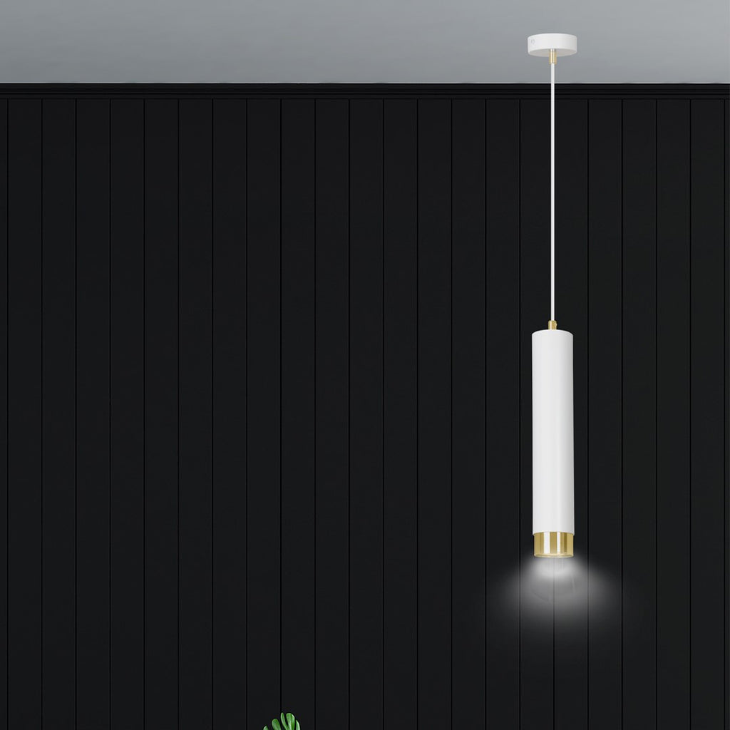 Lampa suspendata alba cu accente aurii in forma de tub Kibo