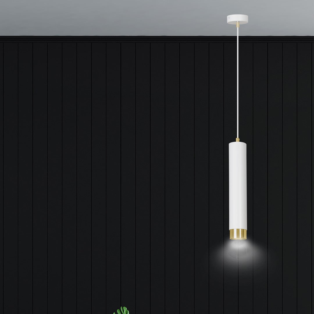 Lampa suspendata alba cu accente aurii in forma de tub Kibo