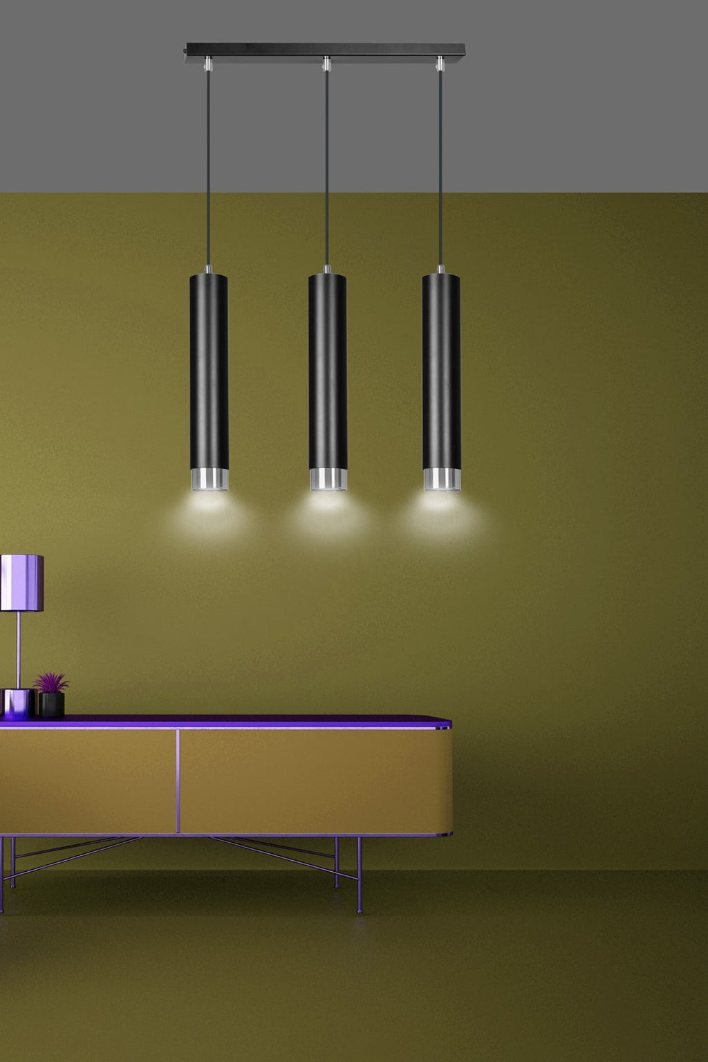 Lampa suspendata neagra cu accente cromate 3 lumini Kibo