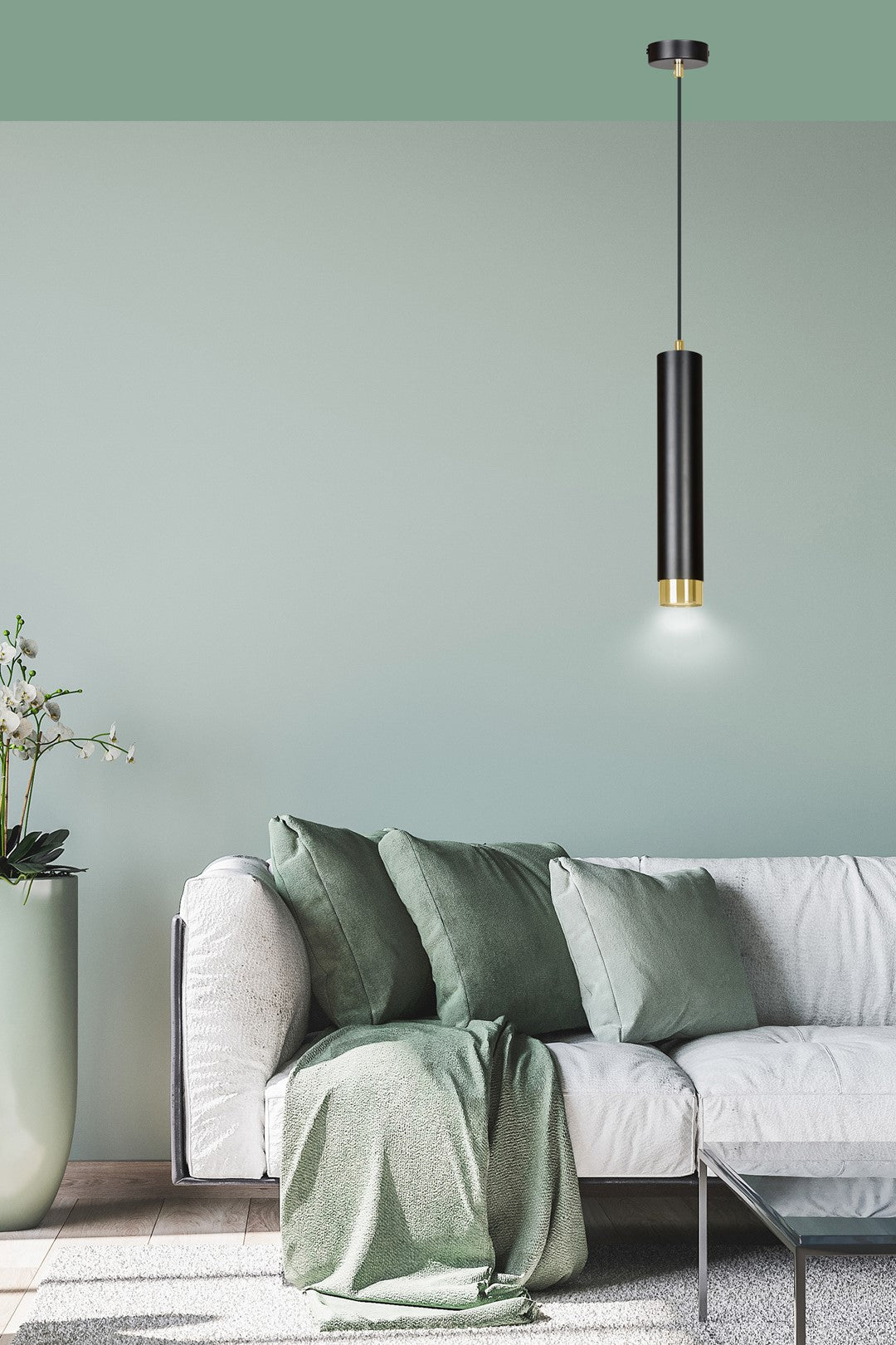 Lampa suspendata neagra cu accente aurii in forma de tub Kibo