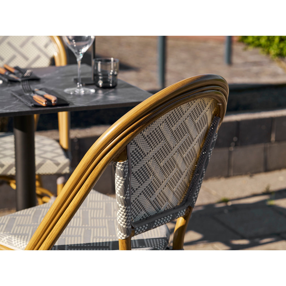 Scaun de dining, aluminiu/textilenă, gri, cadru cu aspect de bambus