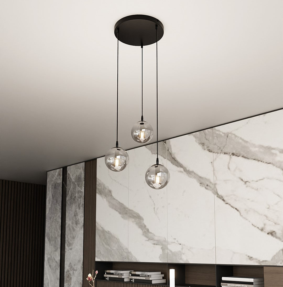 Lampa suspendata neagra cu sticla graphite 3 lumini Cosmo