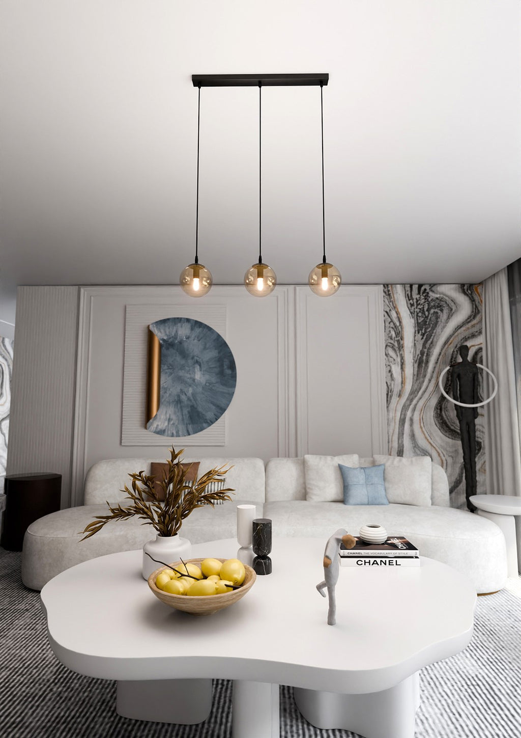 Lampa suspendata din metal negru si sticla honey 3 lumini Cosmo