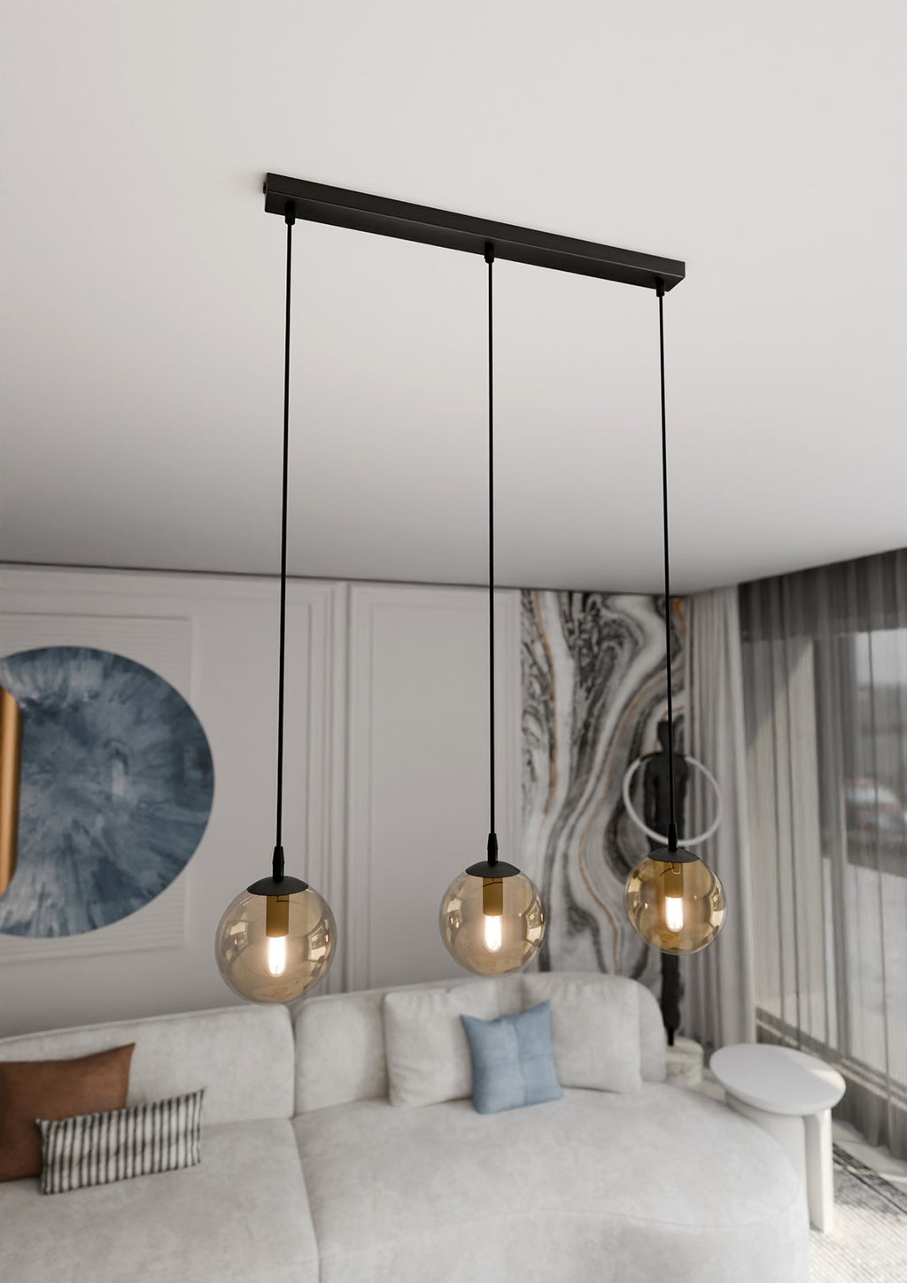 Lampa suspendata din metal negru si sticla honey 3 lumini Cosmo