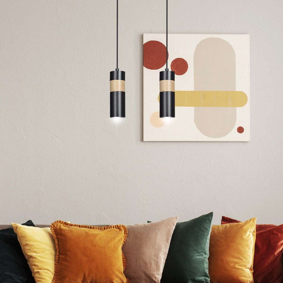 Lampa suspendata neagra cu insertie de lemn 2 lumini Akari