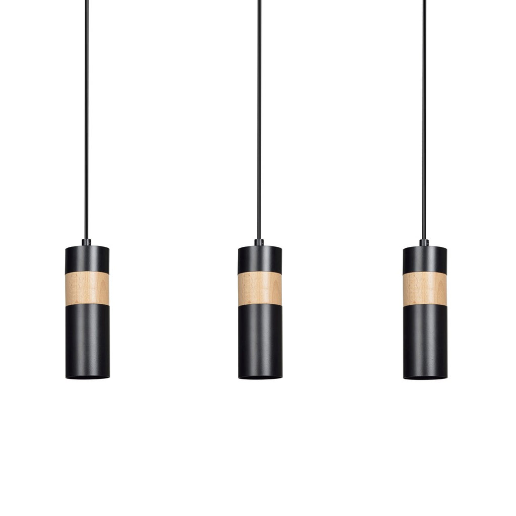 Lampa suspendata neagra cu insertie de lemn 3 lumini Akari