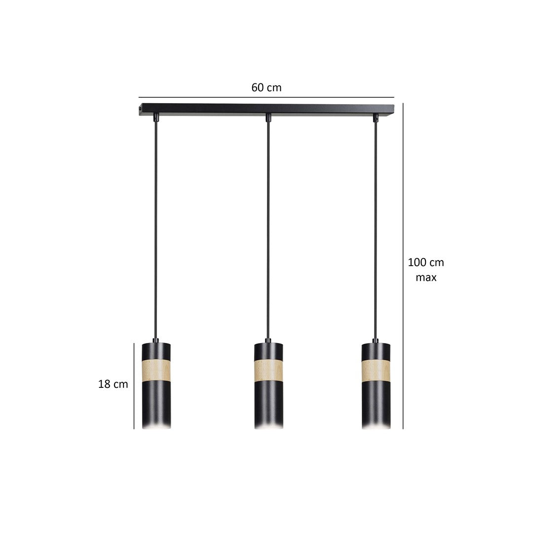 Lampa suspendata neagra cu insertie de lemn 3 lumini Akari