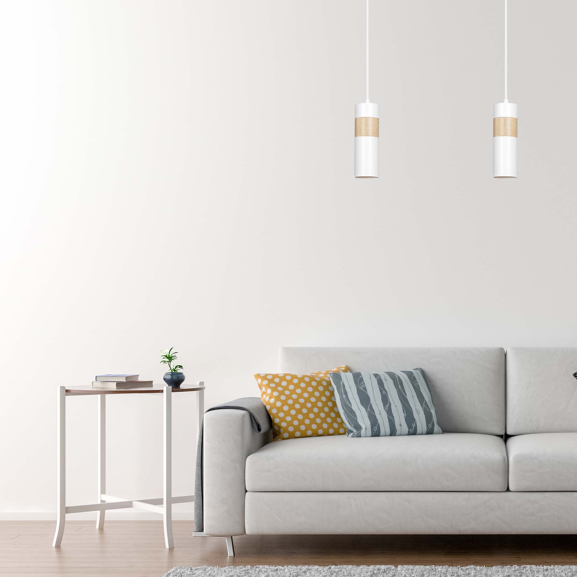 Lampa suspendata alba cu insertie de lemn Akari