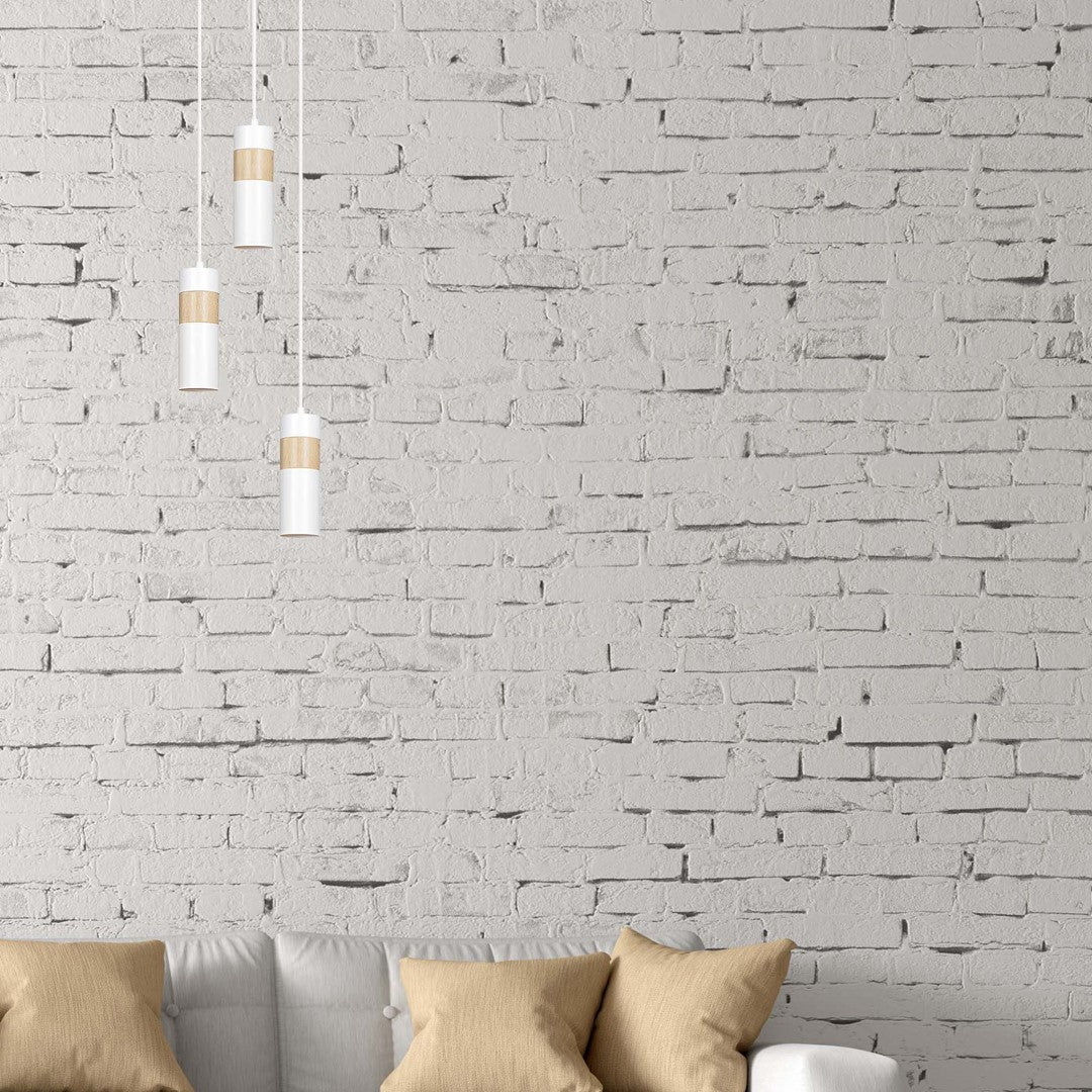 Lampa suspendata alba cu insertie de lemn Akari