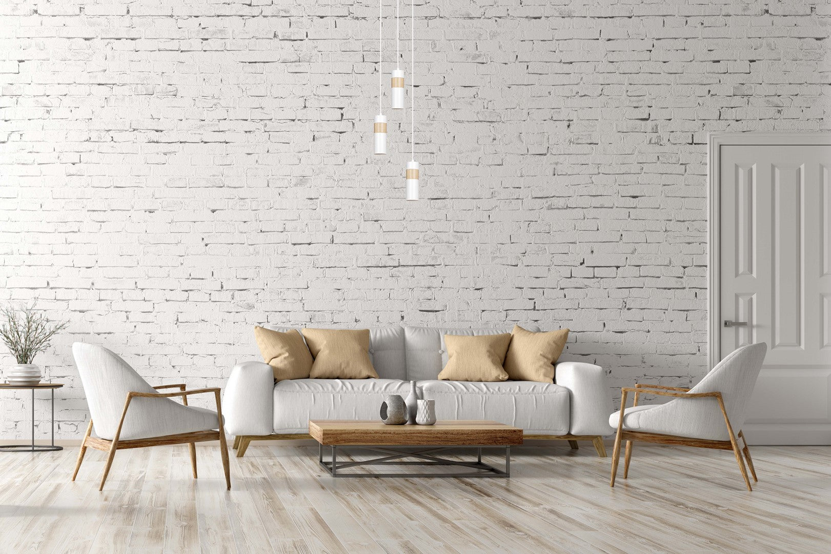 Lampa suspendata alba cu insertie de lemn Akari