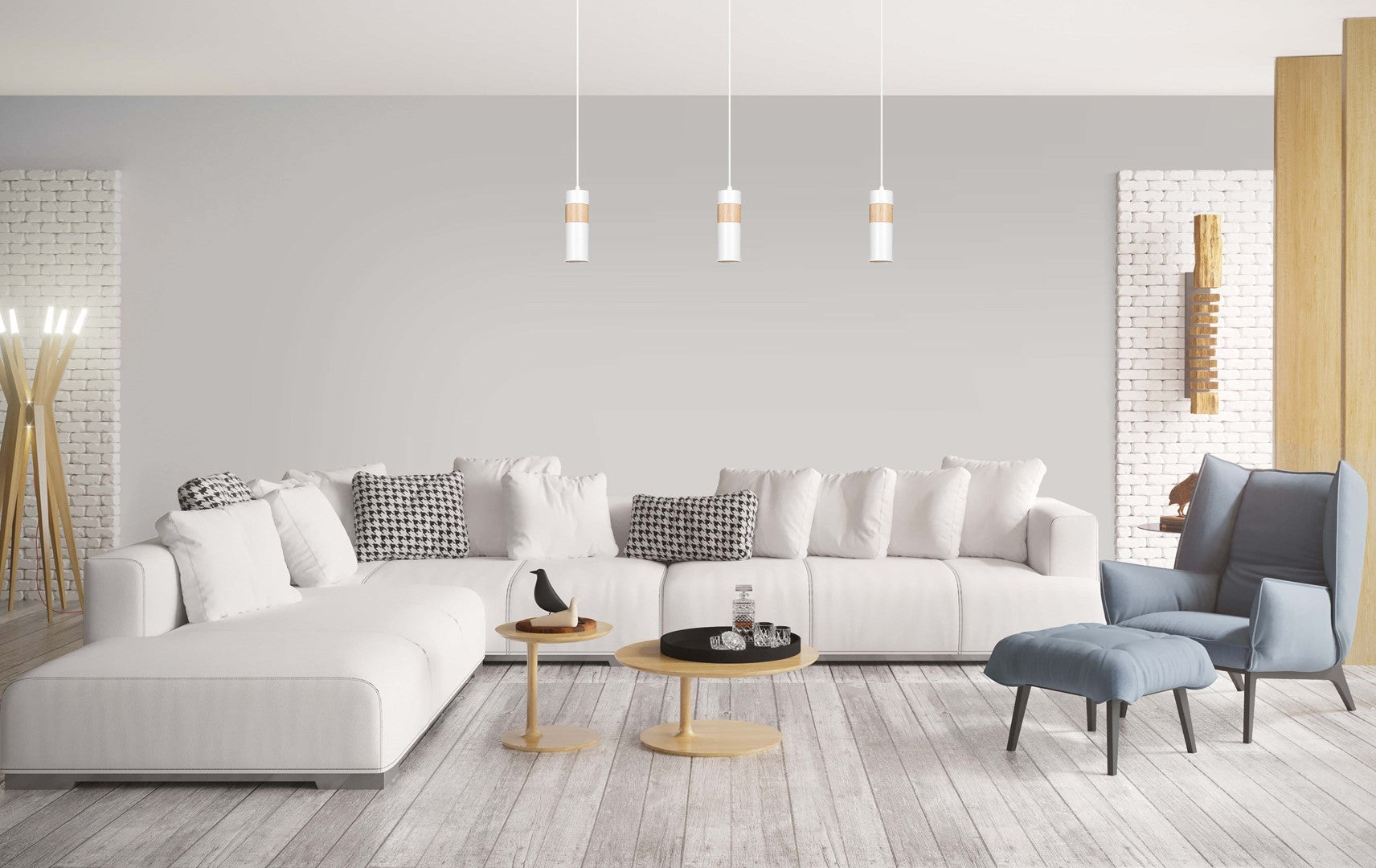 Lampa suspendata alba cu insertie de lemn Akari