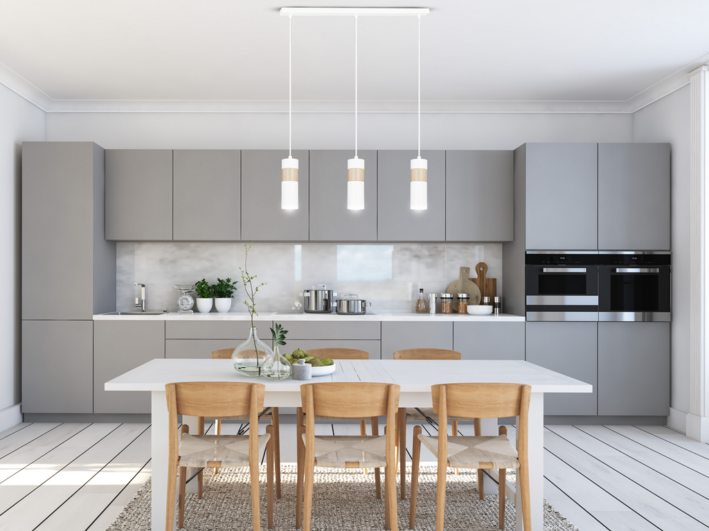 Lampa suspendata alba cu insertie de lemn 3 lumini Akari