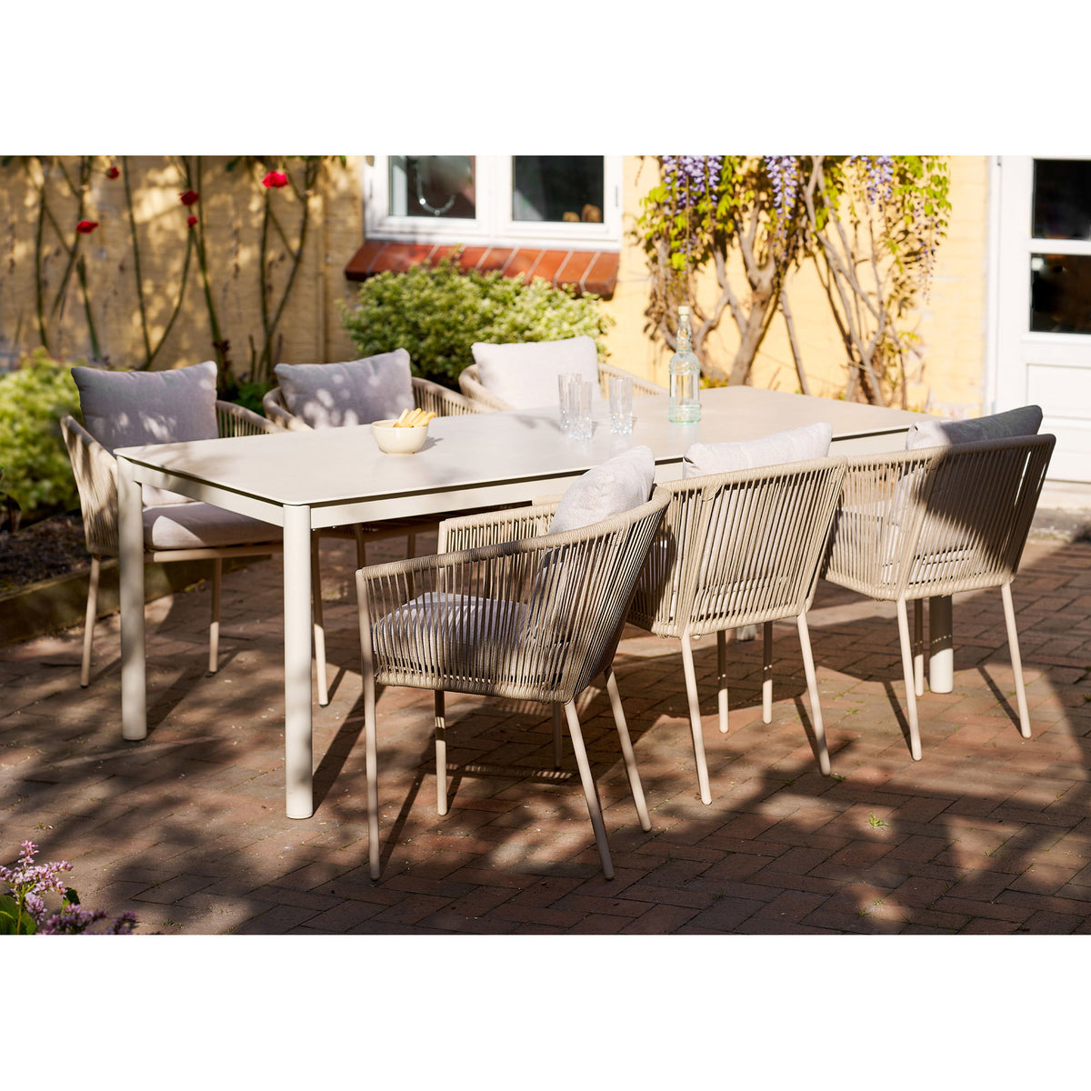 Masă de dining, aluminiu/piatră sinterizată, nisipiu, 90x200x74 cm
