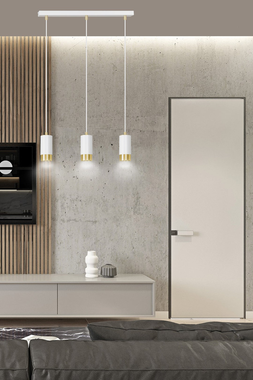 Lampa suspendata din metal alb cu accente aurii 3 lumini Fumiko