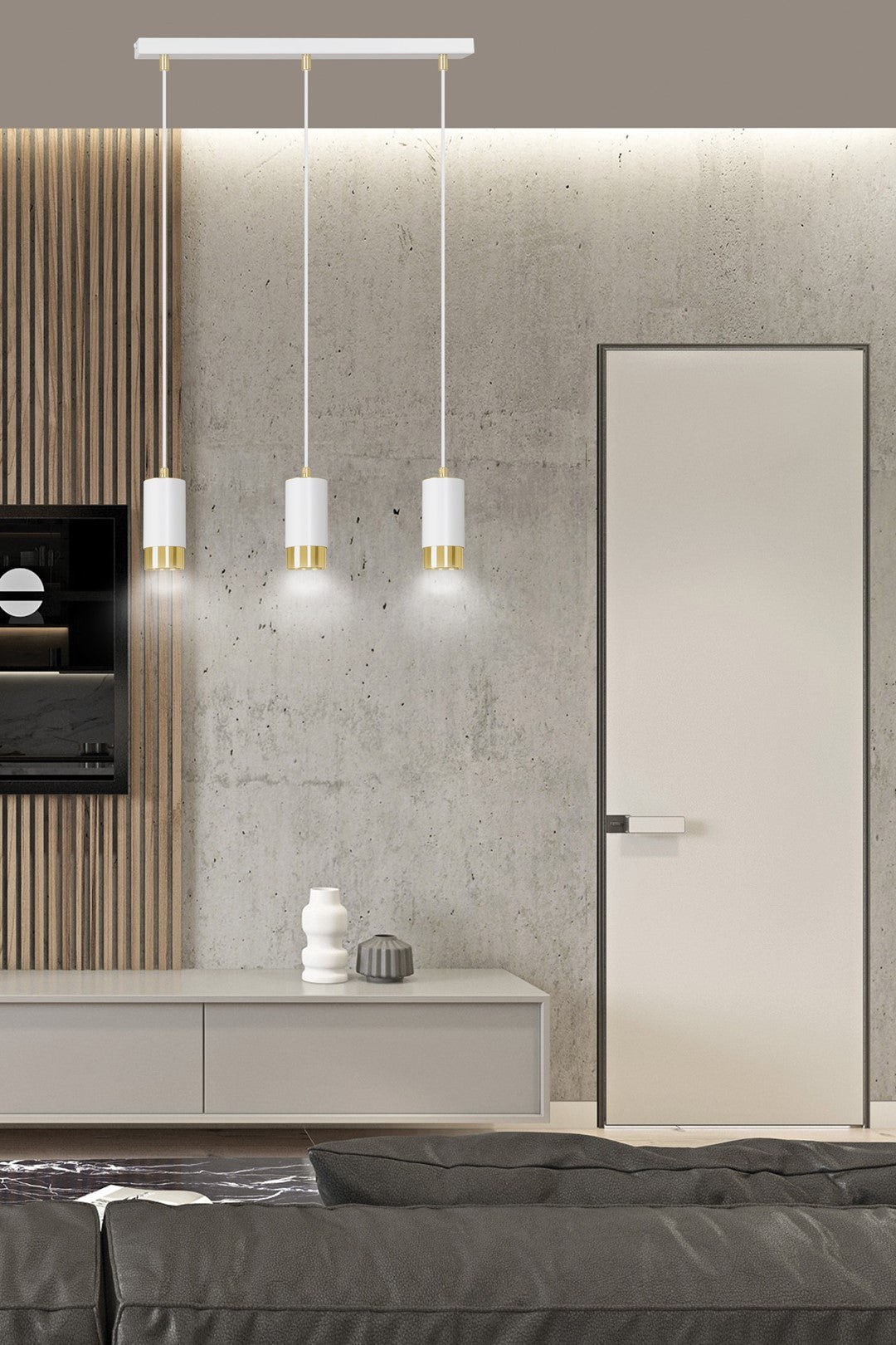 Lampa suspendata din metal alb cu accente aurii 3 lumini Fumiko