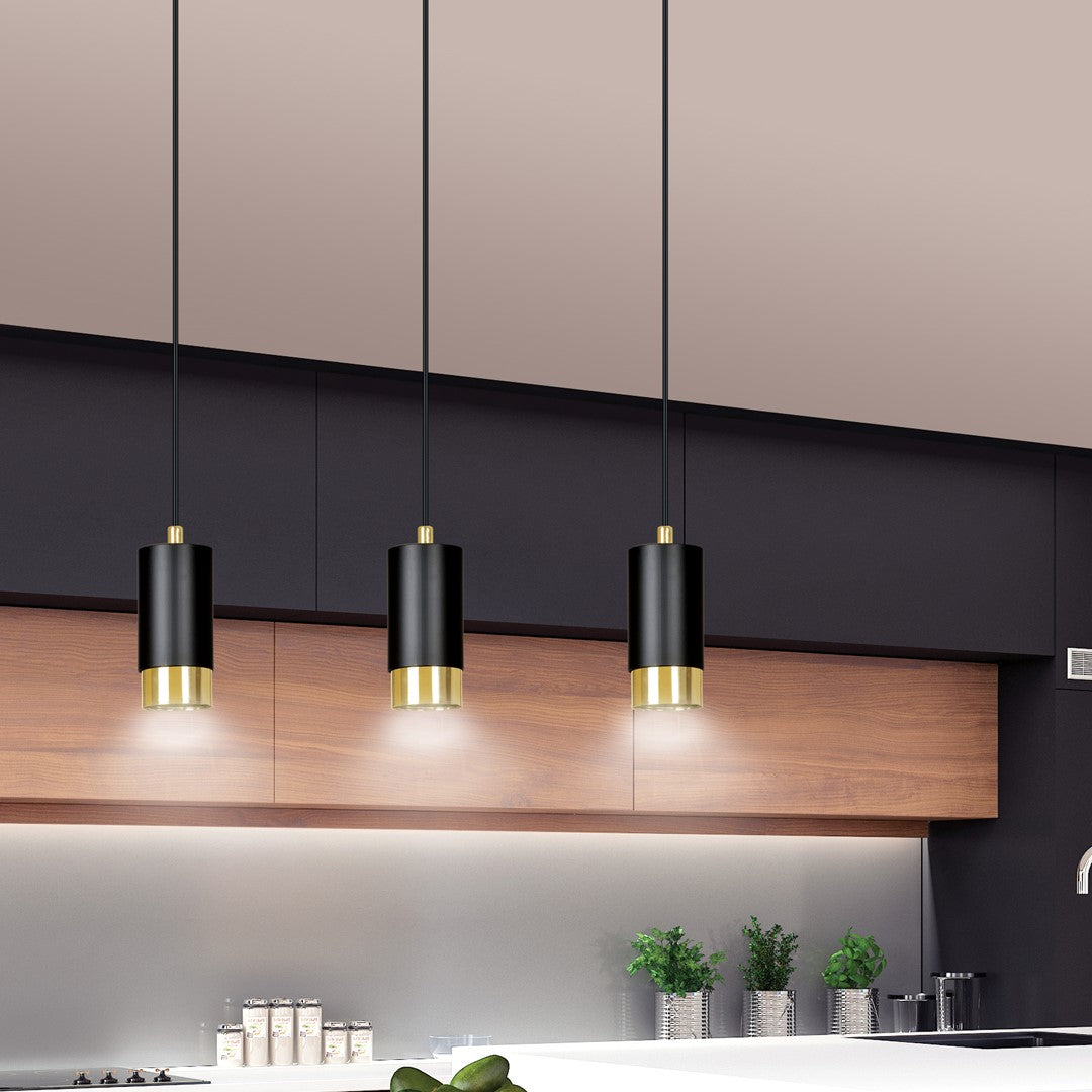 Lampa suspendata din metal negru cu accente aurii 3 lumini Fumiko