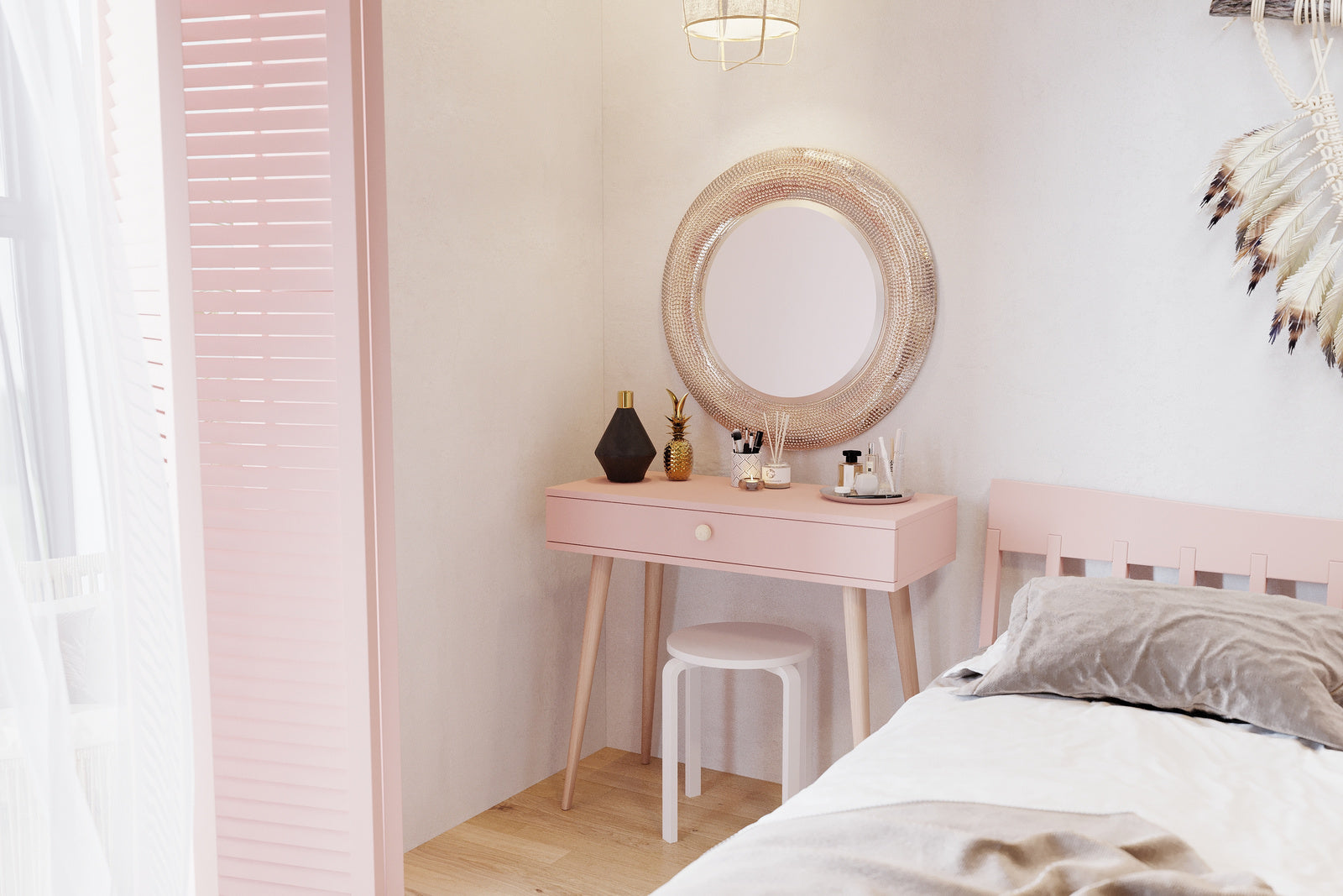 Consola roz cu sertar in stil boho Meli