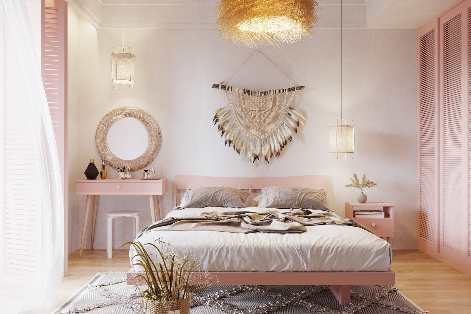 Consola roz cu sertar in stil boho Meli