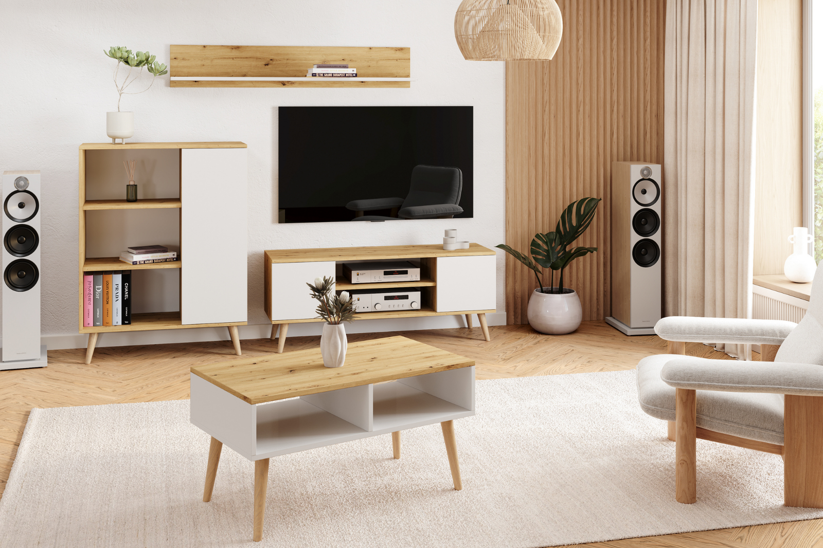 Comoda TV Artisan Oak cu fronturi albe in stil scandinav Focus