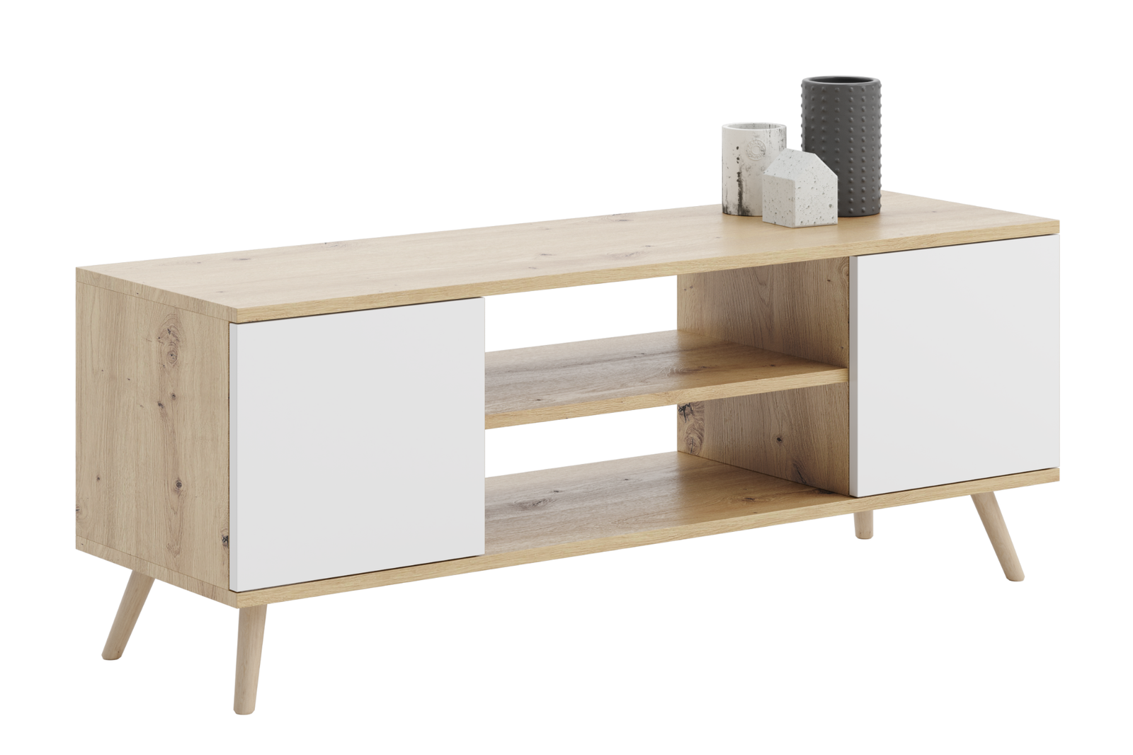 Comoda TV Artisan Oak cu fronturi albe in stil scandinav Focus