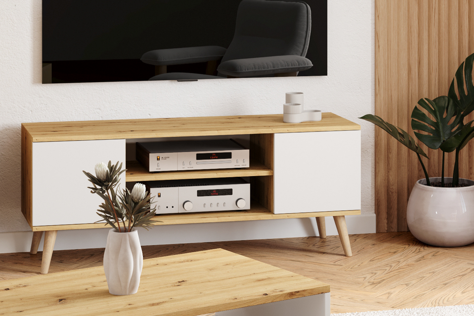 Comoda TV Artisan Oak cu fronturi albe in stil scandinav Focus