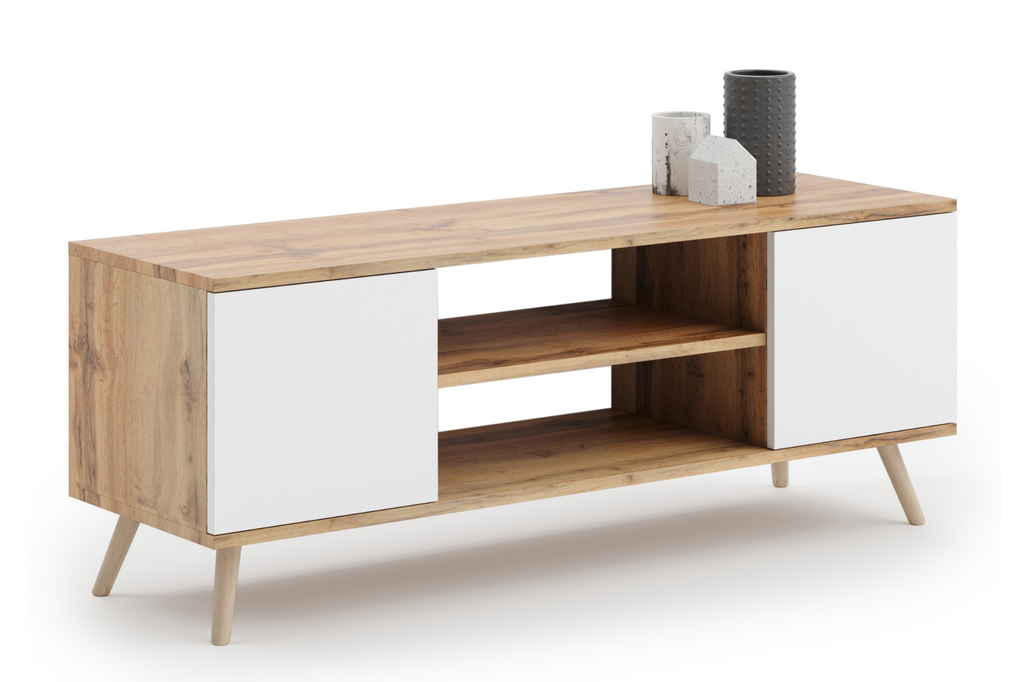 Comoda TV Craft Oak cu fronturi albe in stil scandinav Focus
