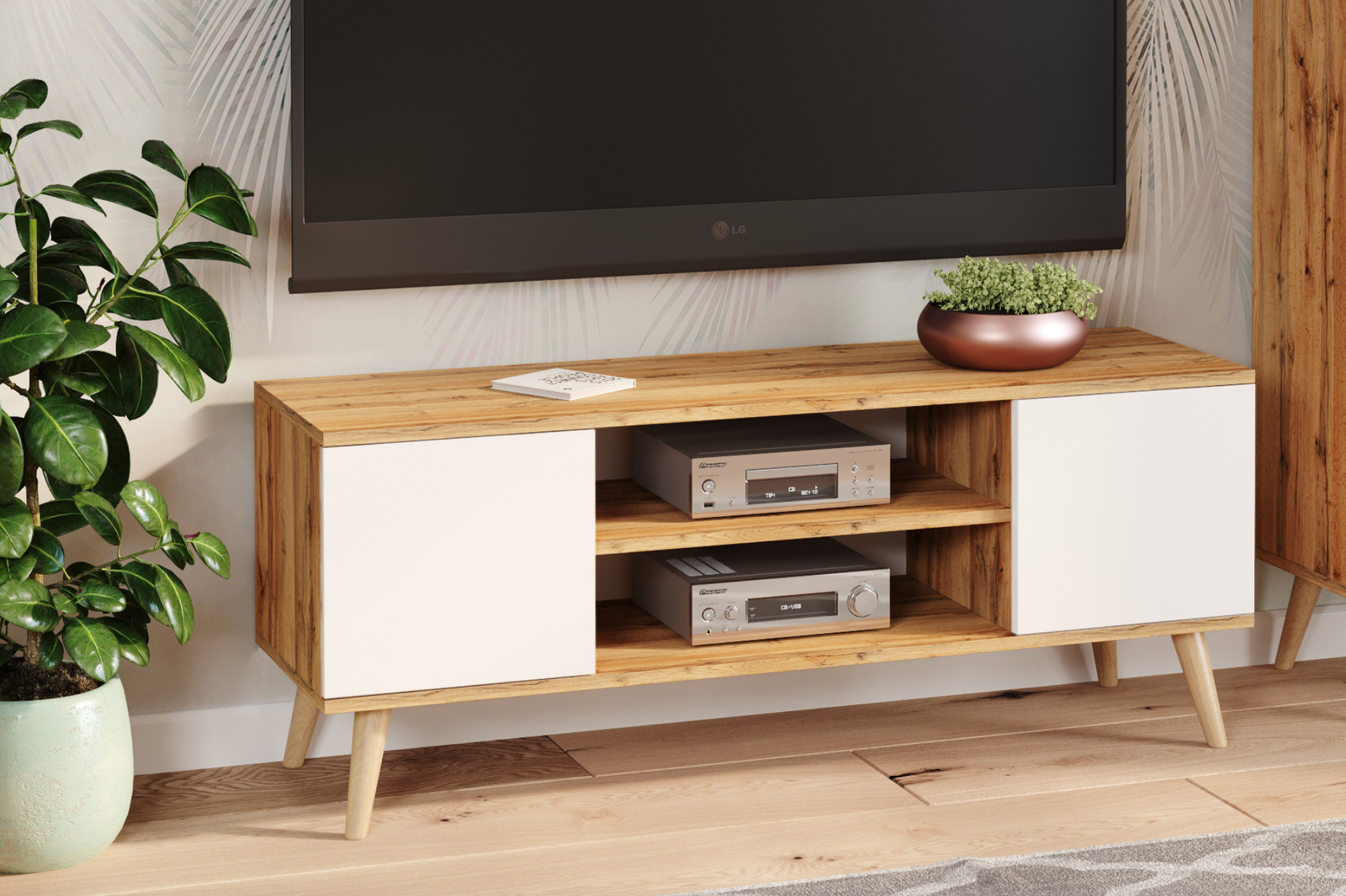 Comoda TV Craft Oak cu fronturi albe in stil scandinav Focus