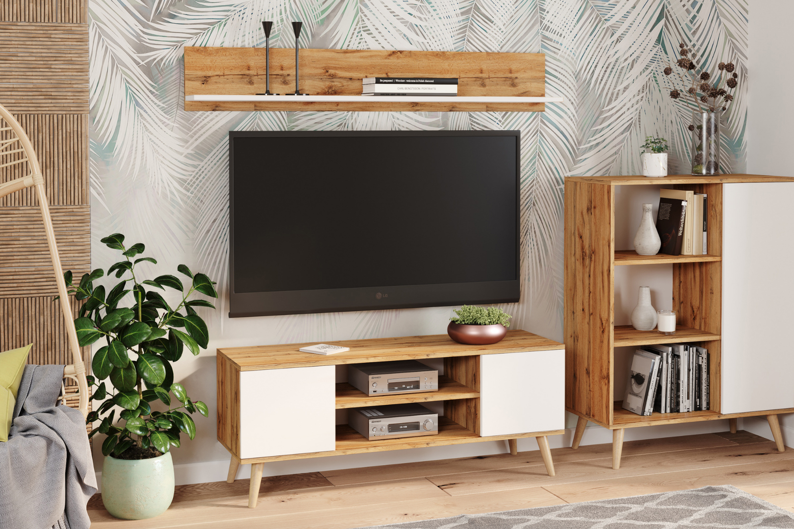 Comoda TV Craft Oak cu fronturi albe in stil scandinav Focus