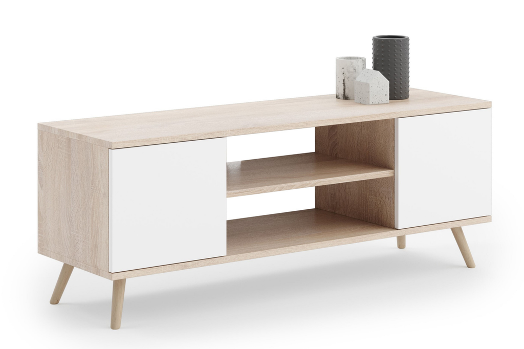 Comoda TV Sonoma Oak cu fronturi albe in stil scandinav Focus