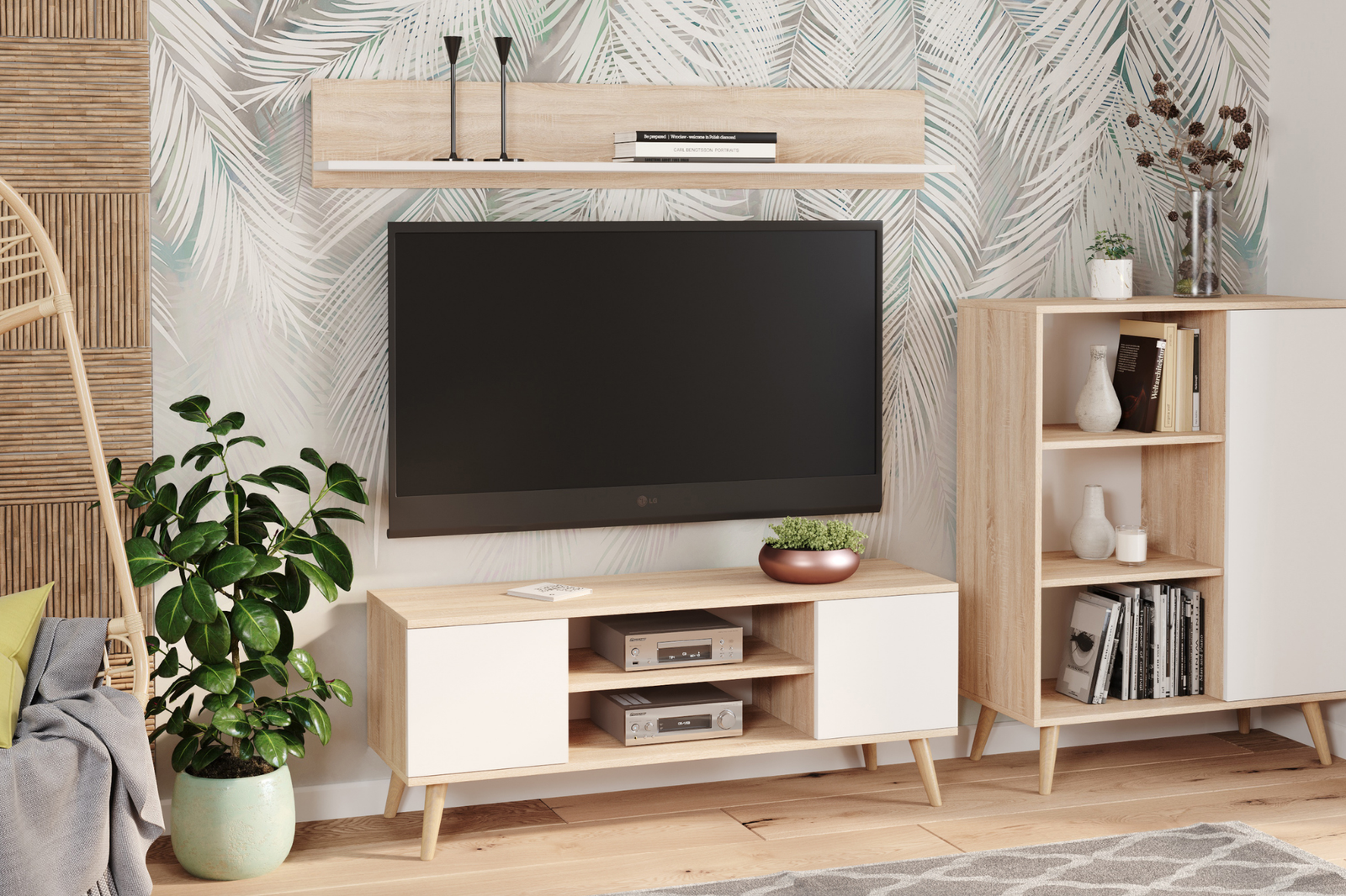 Comoda TV Sonoma Oak cu fronturi albe in stil scandinav Focus