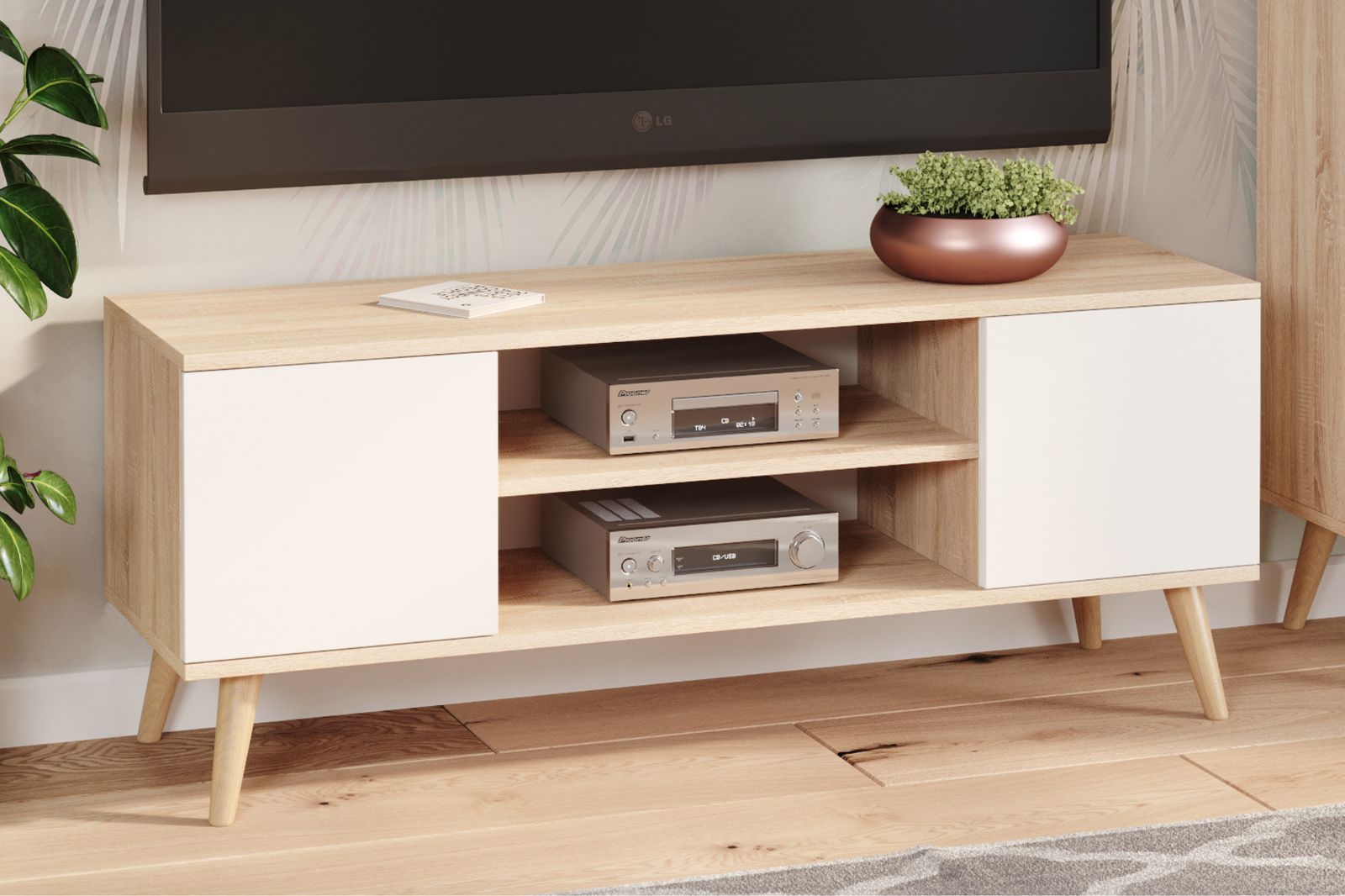 Comoda TV Sonoma Oak cu fronturi albe in stil scandinav Focus