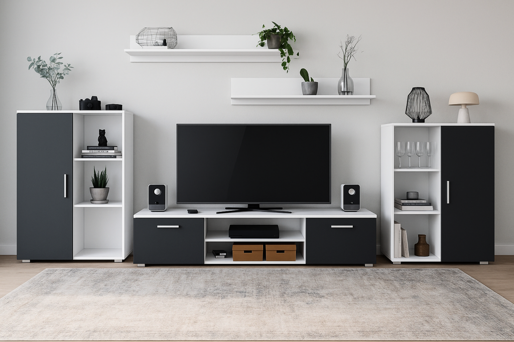 Set mobila de living alb cu fronturi negre  Ercol