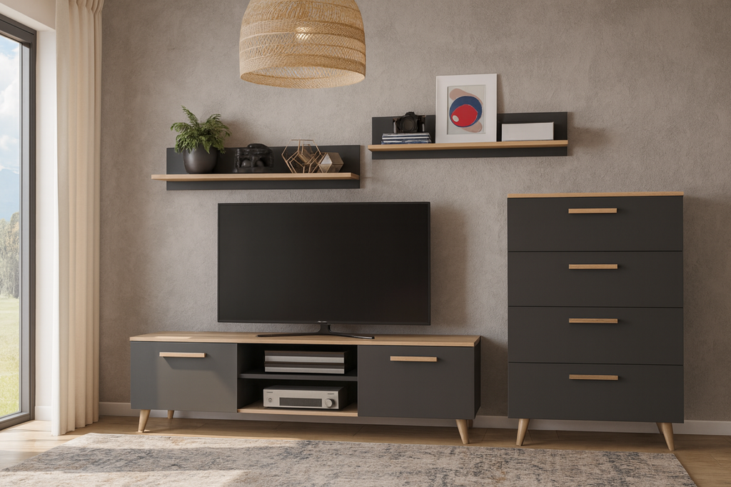 Set mobila de living gri antracit cu topuri Artisan Oak Freya