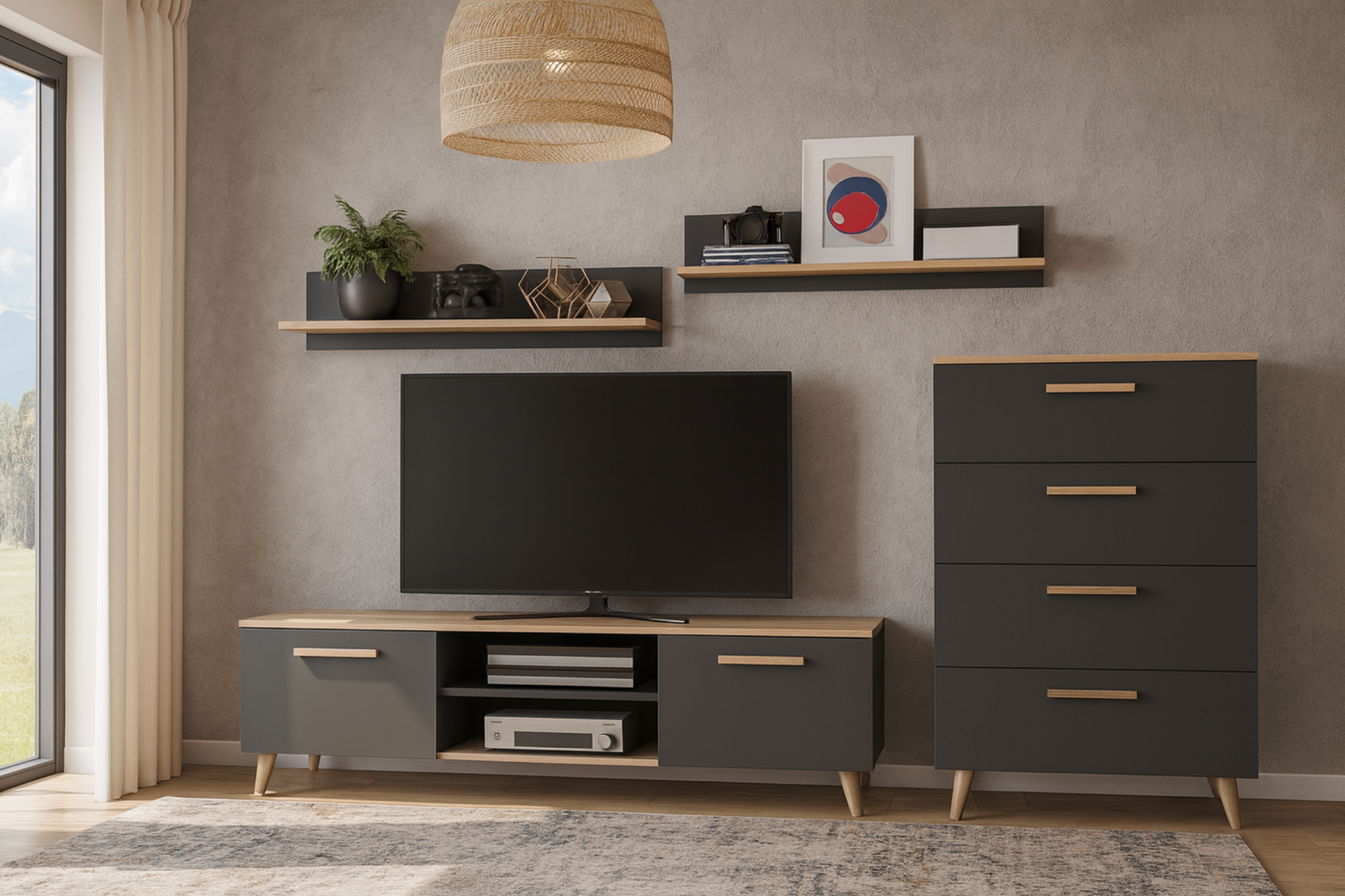 Set mobila de living gri antracit cu topuri Artisan Oak Freya