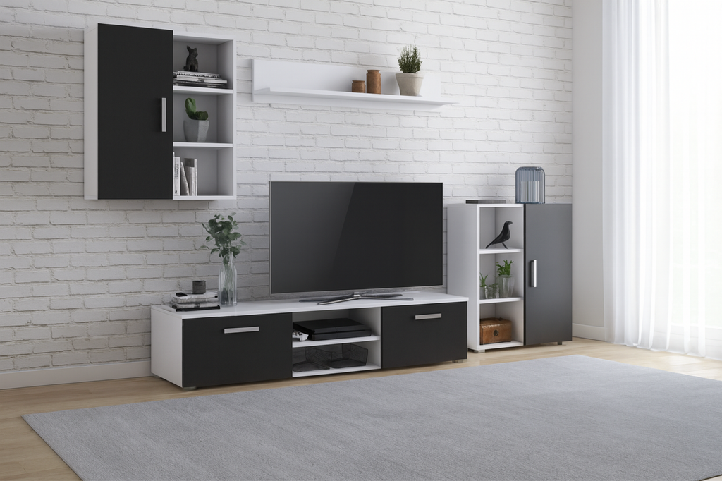 Set mobila de living alb cu fronturi negre Icaro