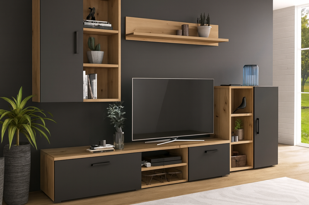 Set mobila de living Artisan Oak cu fronturi negre Icaro