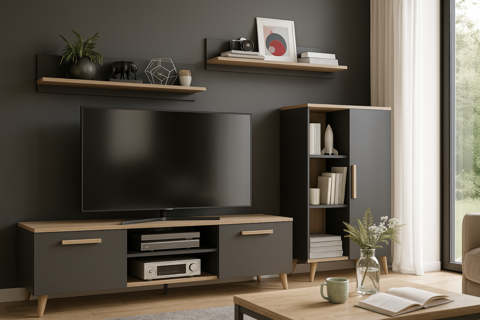 Set mobila de living Artisan Oak cu fronturi gri antracit Oskar