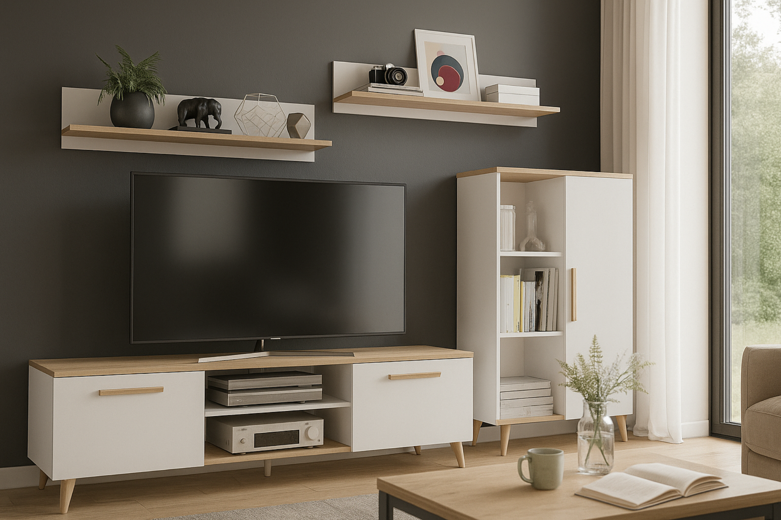 Set mobila de living Artisan Oak cu fronturi albe Oskar