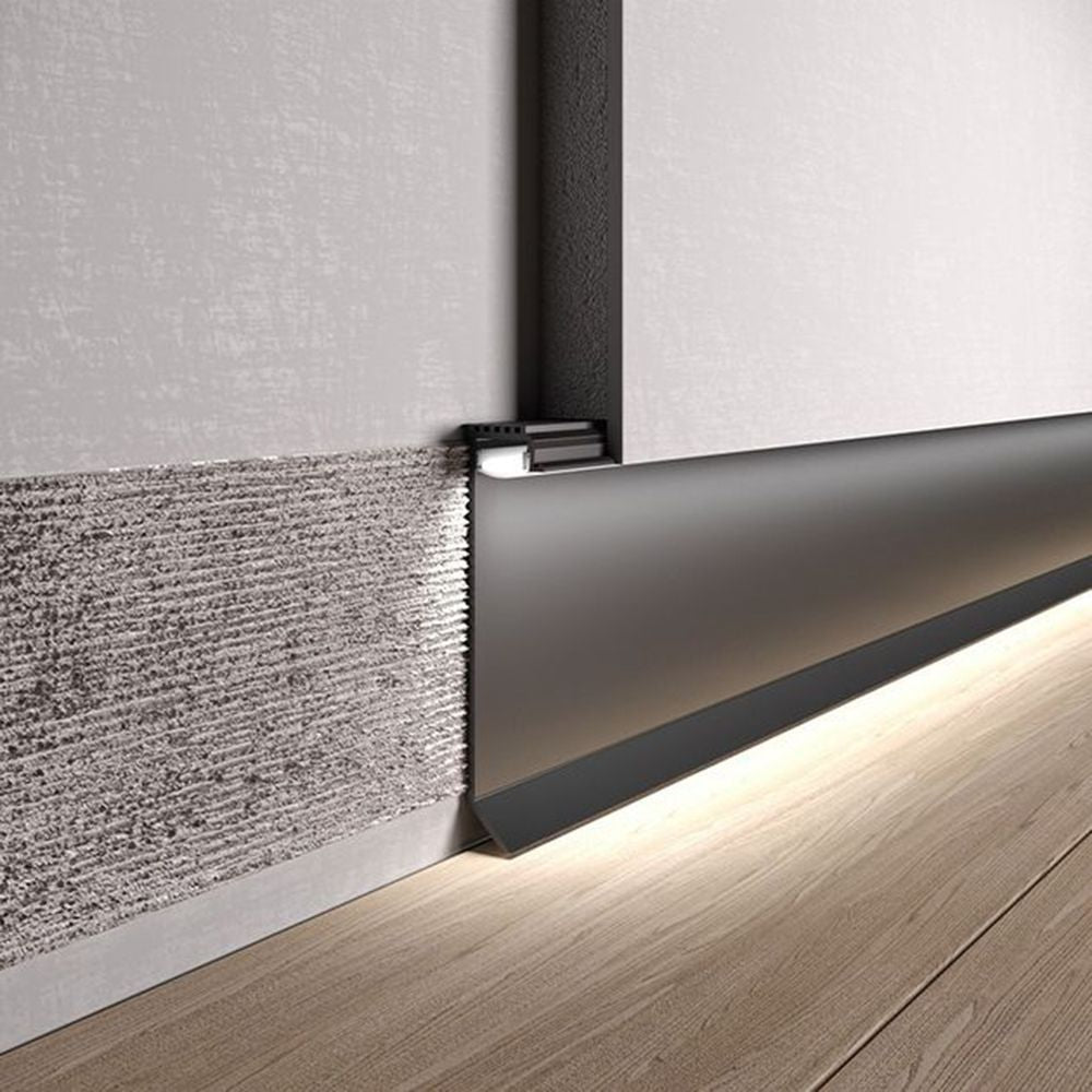 Plintă ascunsă neagra din aluminiu cu iluminare LED 60 mm Shadow Gap