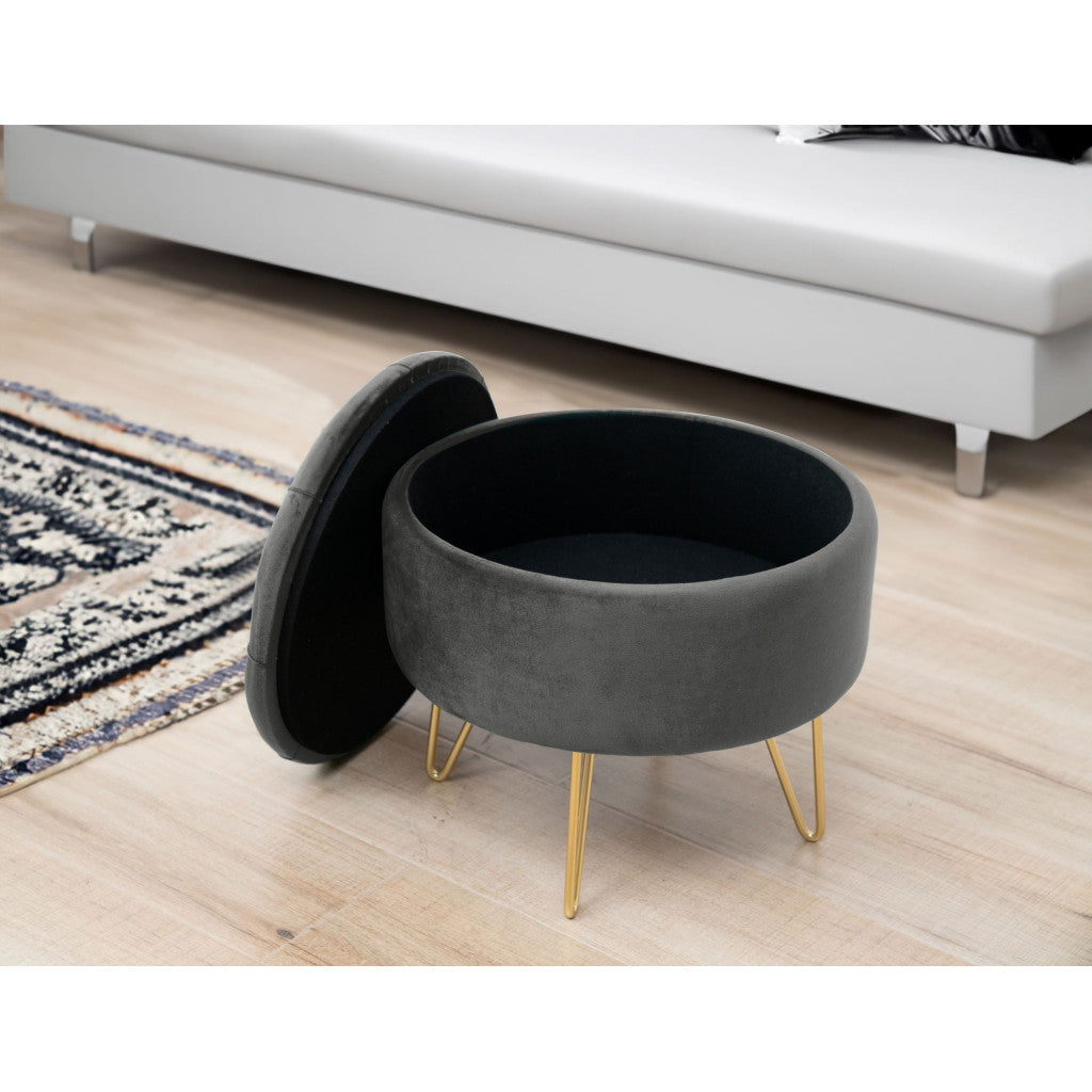 Taburet gri graphite cu tesatura din stofa catifelata Caro